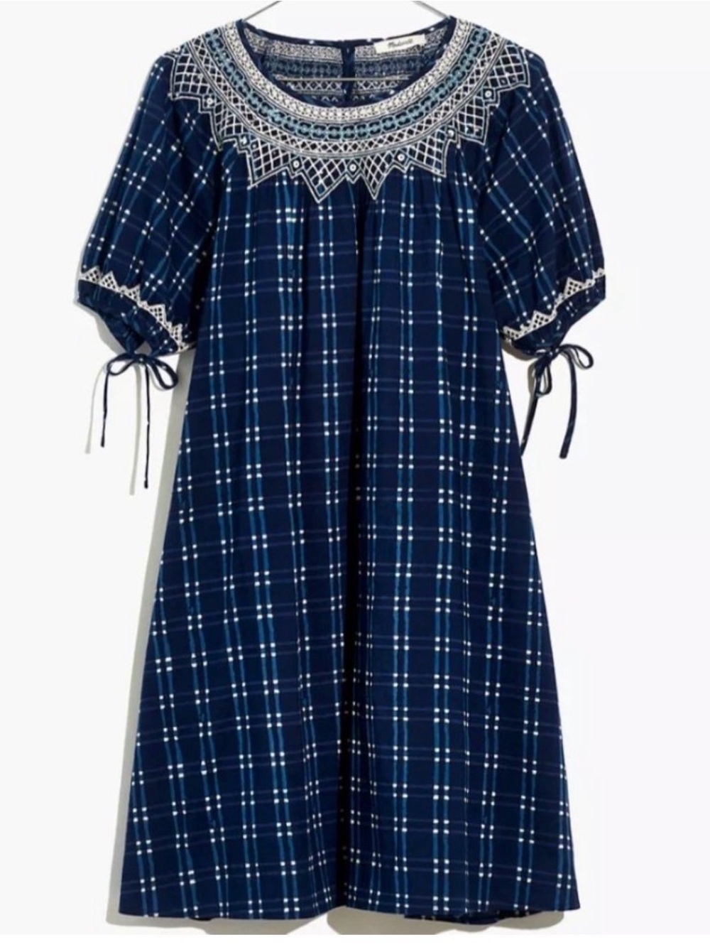 Madewell Embroidered Puff-Sleeve Babydoll Dress in Indigo Plaid XXS - Picture 1 of 5